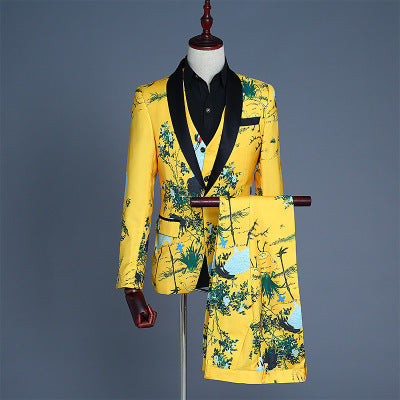 Men's Gold Yellow 4-Piece Jacquard Suit Set with Crane Pattern