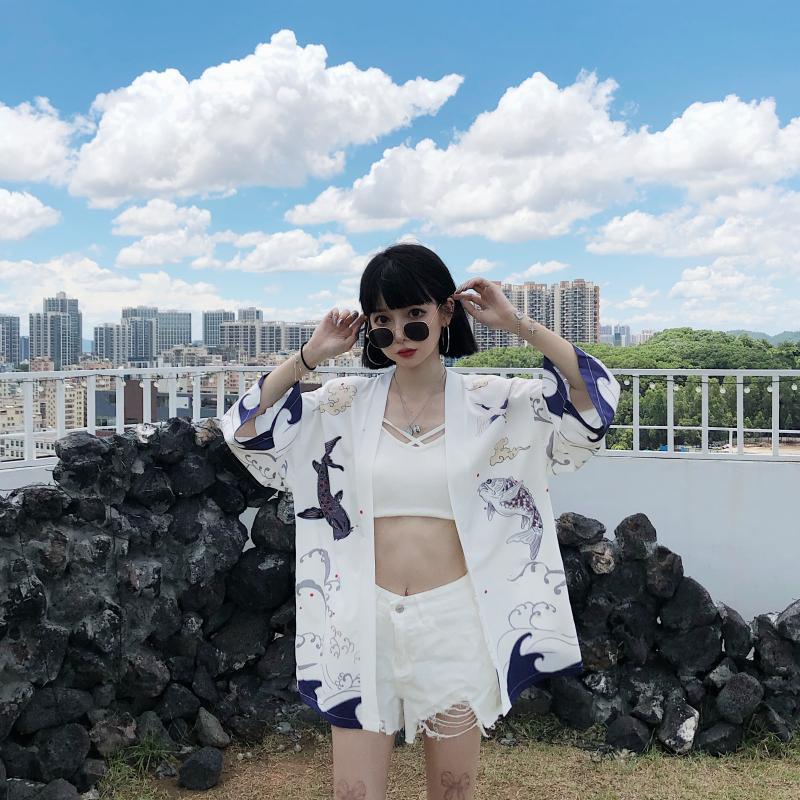 Summer Chinese Style Fish Print Sun Protection Kimono Set
