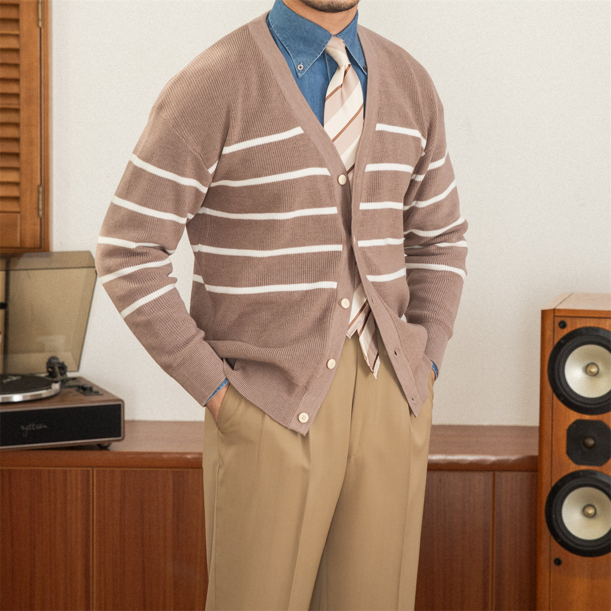 Versatile Striped V-neck Knitted Cardigan for Fashion