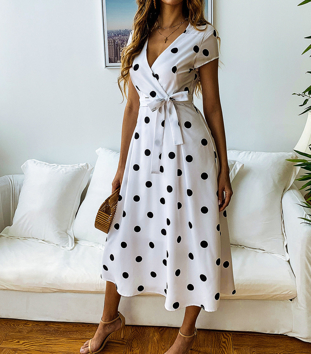 Polka Dot Print Tie Dress - Fashion Casual Style