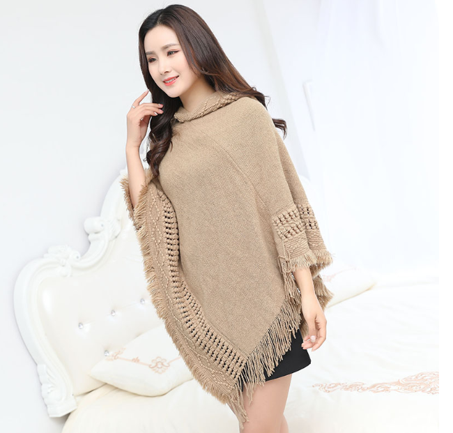 Hooded Solid Color Fringe Cape Shawl