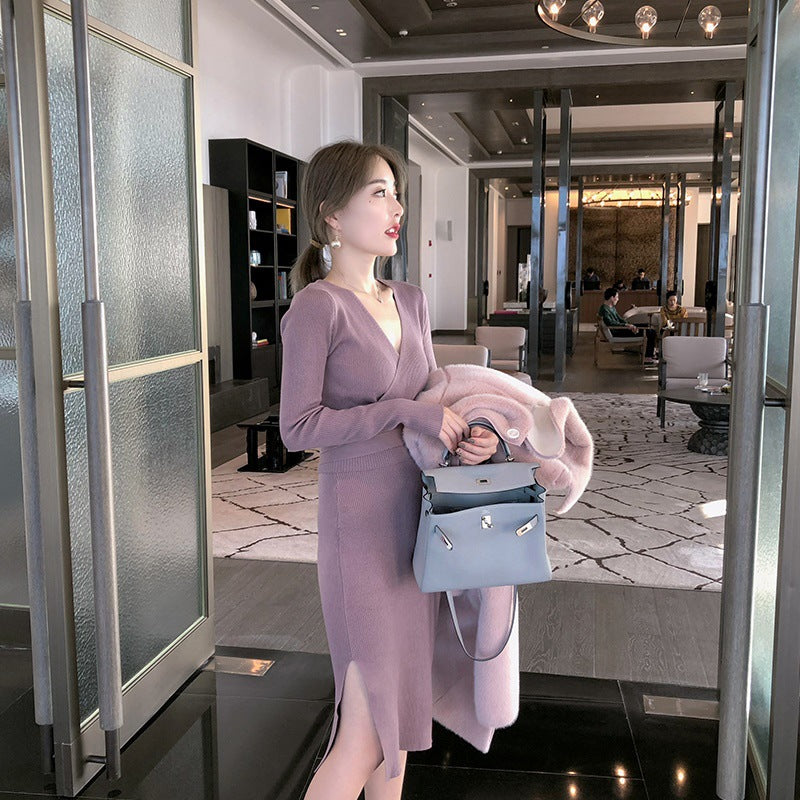 Audrey Hepburn Style Slim Fit Knit Dress with Slit
