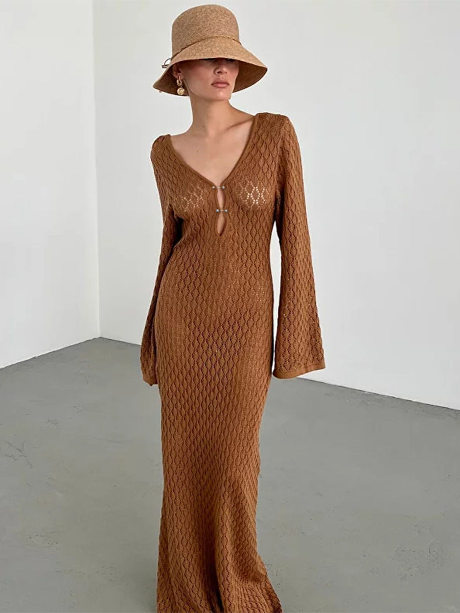 Summer Women's Solid Color Knitted Beach Cover-Up Dress