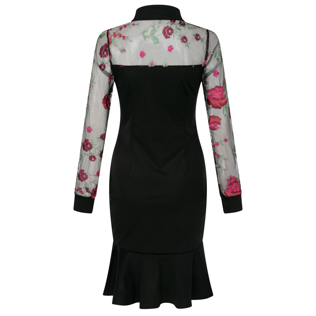 Embroidered Beaded Mesh Dress with Ruffled Sleeves