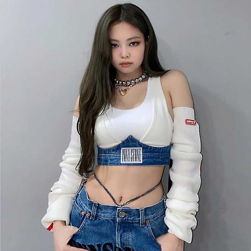 Stylish Stage Outfit with Embroidered Denim Pants Set