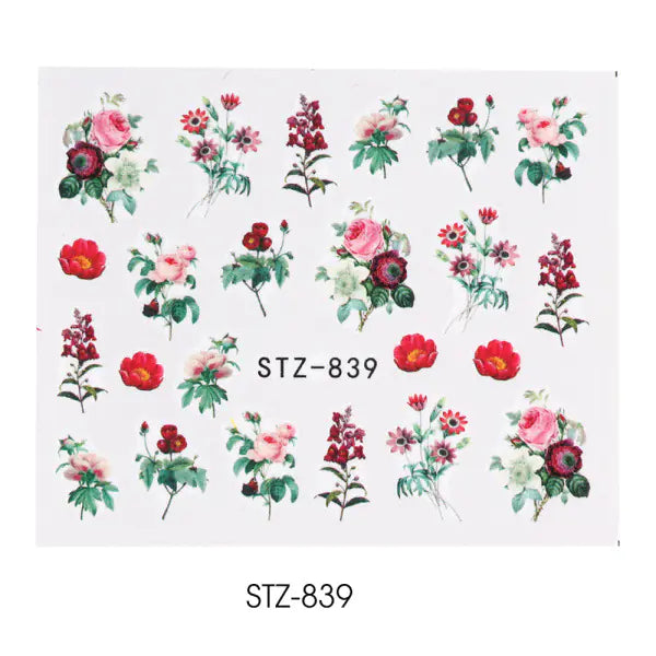 Nail Water Stickers - Green Leaf Rose Design