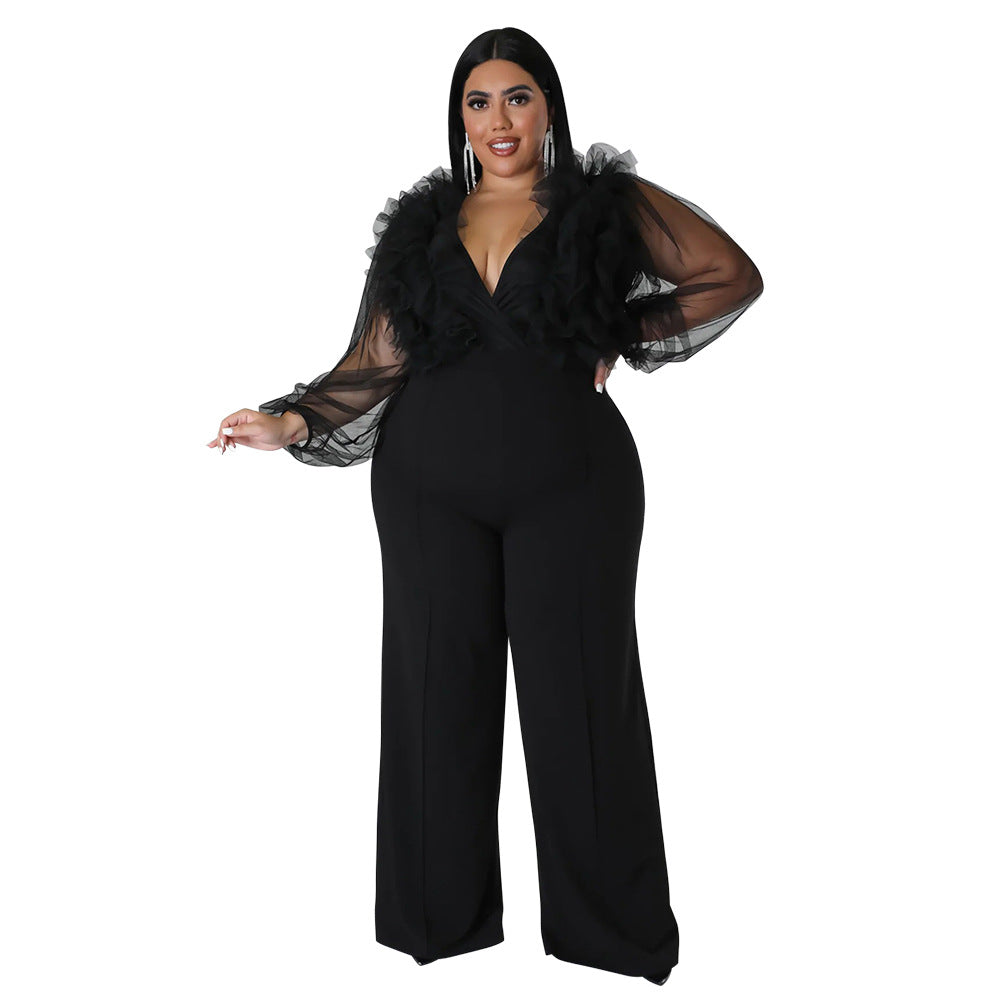 Plus Size Mesh Jumpsuit with Ruffles and Deep V Neck