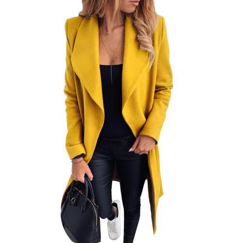 Women's Solid Color Wool Coat with Lace-Up Lapel