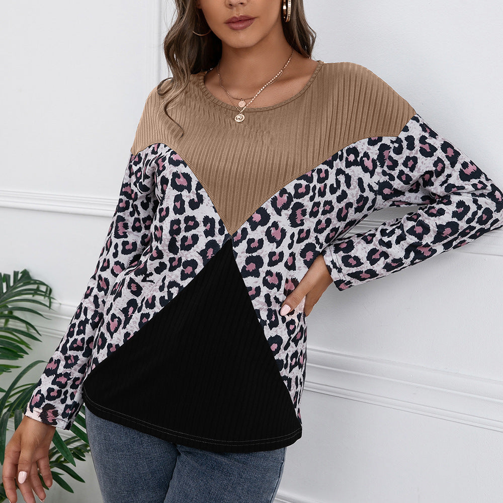 Leopard Print Round Neck Loose Knit Top for Women