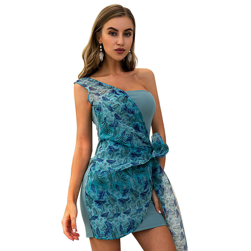 Cross-Border Blue Shoulder Tie Printed Dress