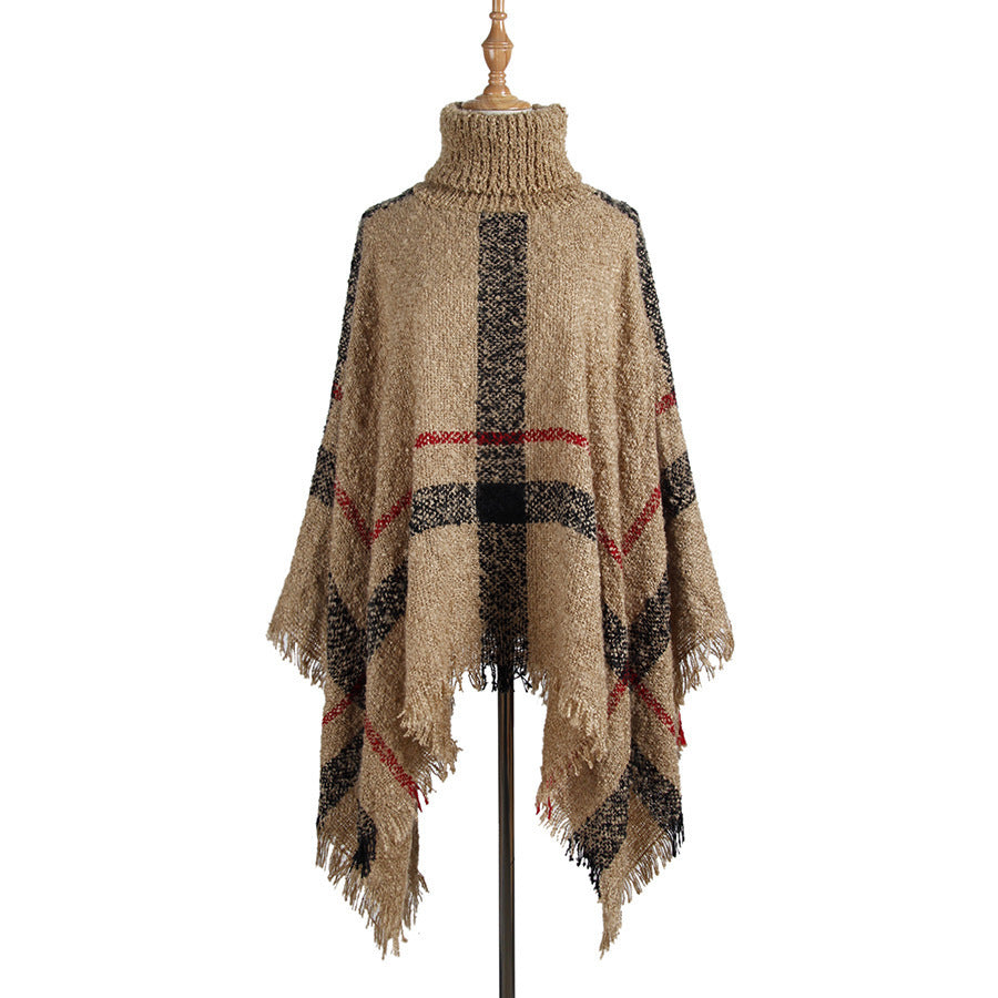 Knit Sweater with Turtleneck and Fringe Cape Design