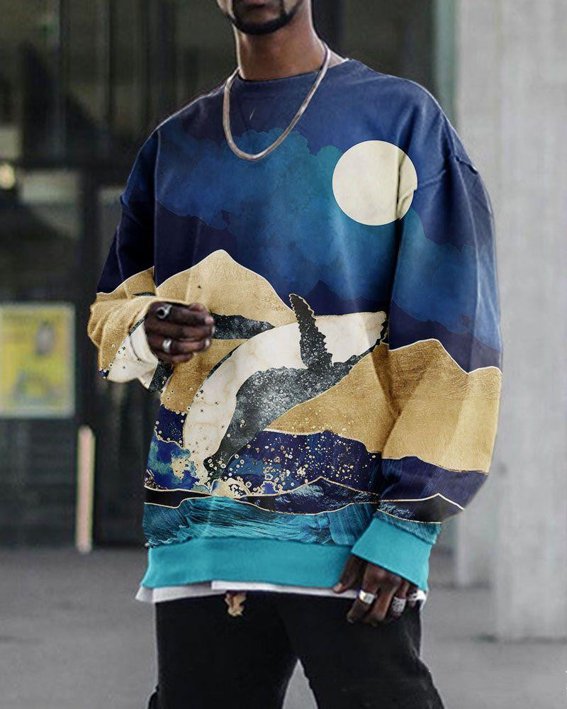 Digital Print Casual Round Neck Long Sleeve Sweater