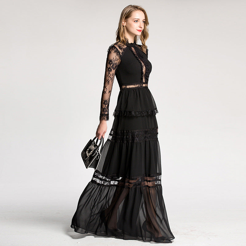 Elegant Lace Sheer Long Dress with Court Style