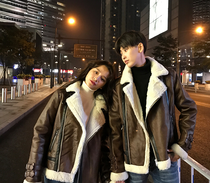 Sheepskin Collar Unisex Suede Motorcycle Jacket