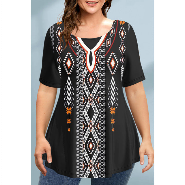 2023 Plus Size Loose Graphic Tee with Asymmetrical Hem