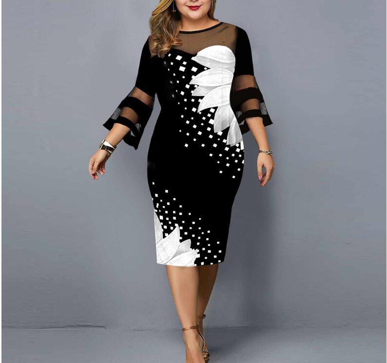 Plus Size 5XL Vintage Floral Mesh Patchwork Dress