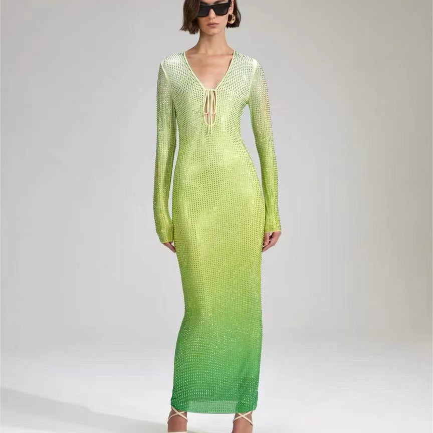 Gradient Green Shiny Rhinestone Deep V Dress