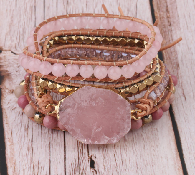 Natural Pink Quartz and Wood Stone Multi-Layer Bracelet