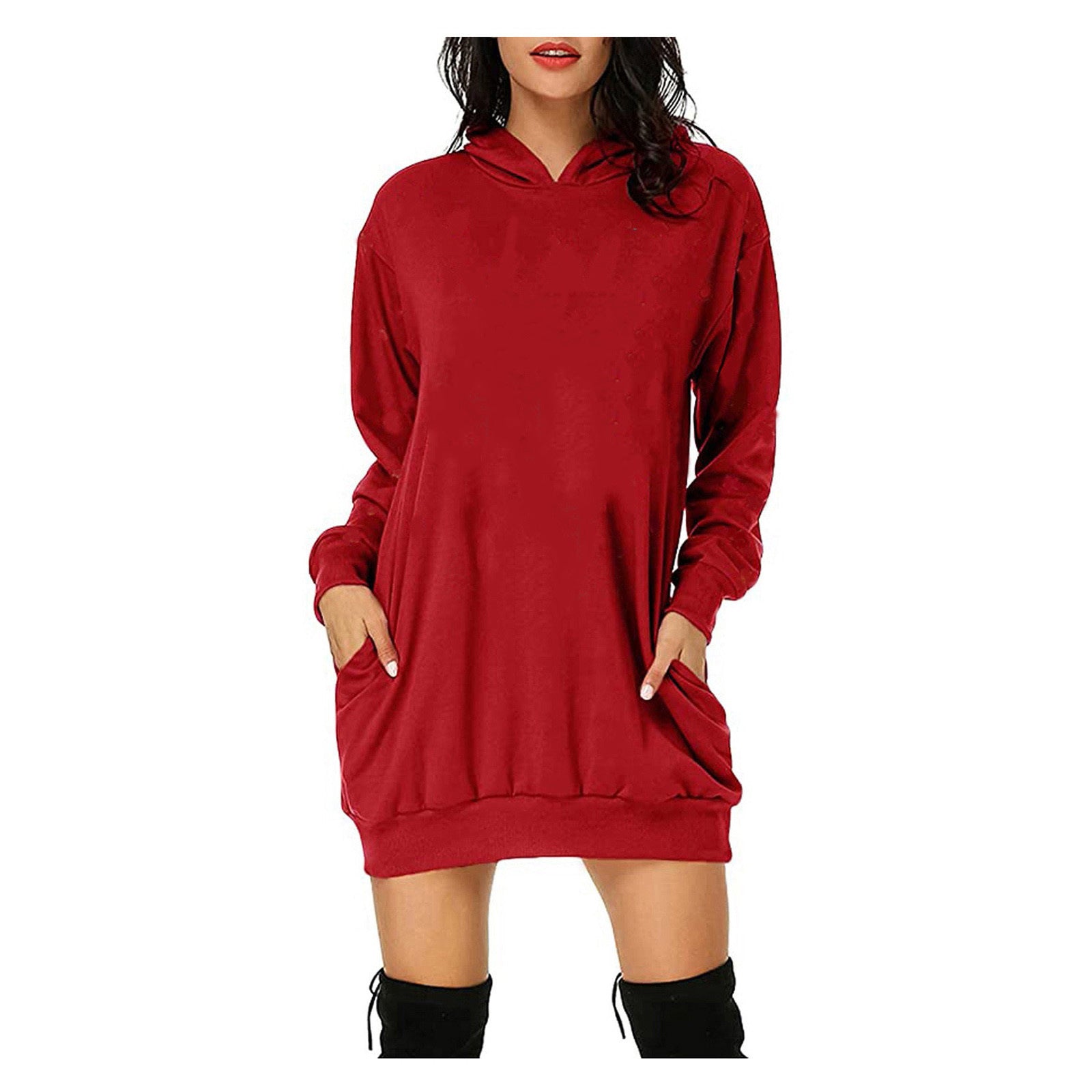 Solid Color Long Sleeve Sweater Dress with Loose Fit