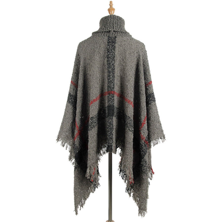 Knit Sweater with Turtleneck and Fringe Cape Design