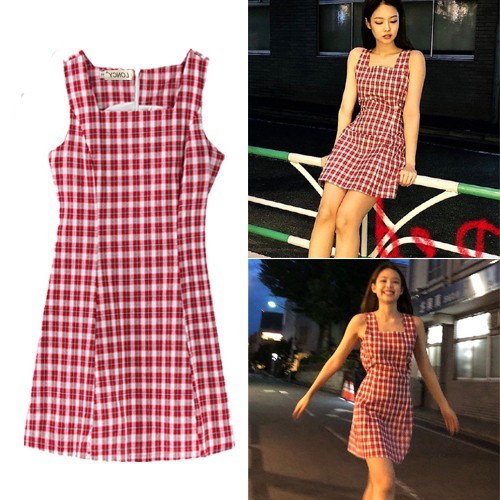 Kpop Korean Celebrity Red Plaid High Waist Dress for Women