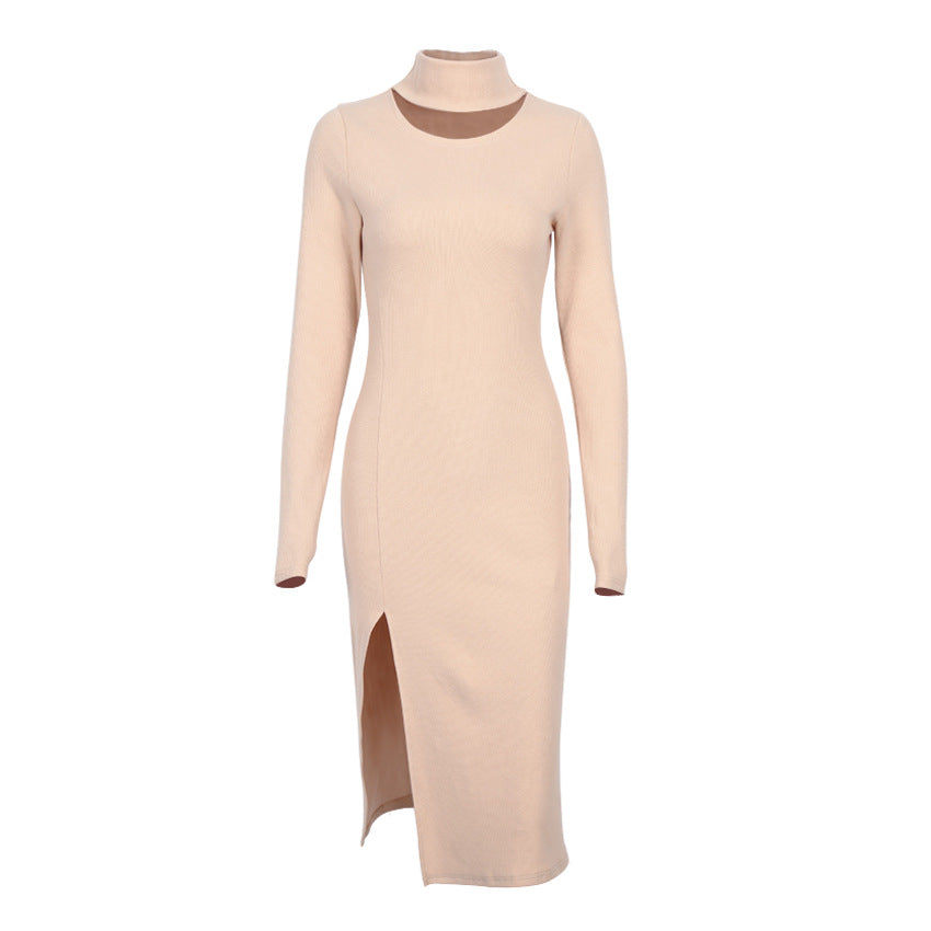Button-Detail Split Dress in Minimalist Camel Color