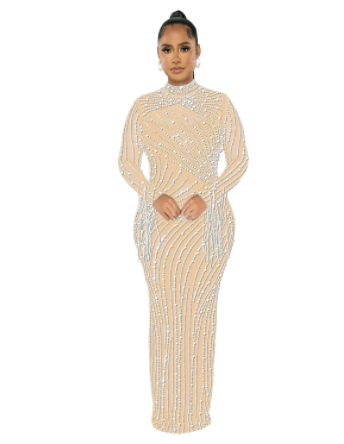 Women's Rhinestone Mesh Long Sleeve Dress Set
