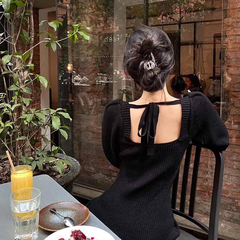 Plus Size French Style Black Knit Dress with Lace