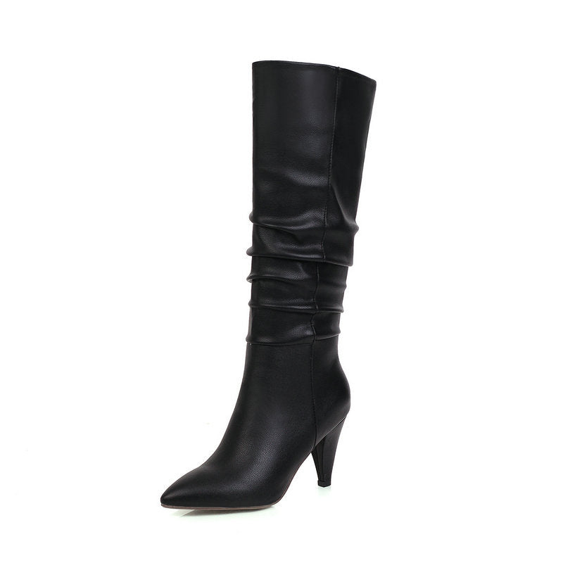 Tapered Heel Pointed Toe Leather Velvet High Boots