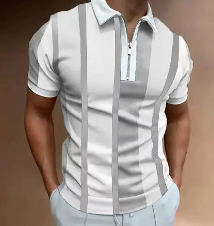 Men’s Striped Short-Sleeve Polo Shirt with Zipper Lapel – Slim Fit