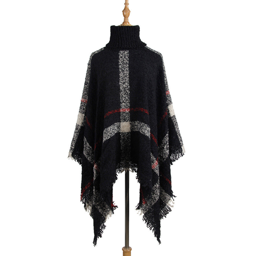 Knit Sweater with Turtleneck and Fringe Cape Design