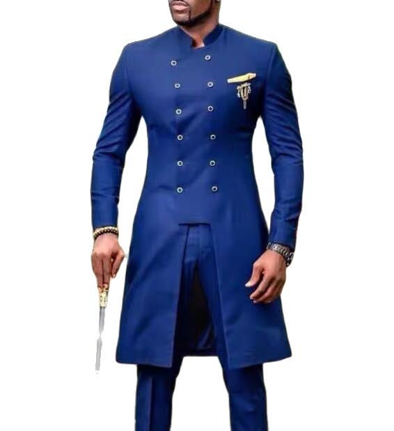 Men's Casual Double-Breasted Long Suit (Two-Piece Set)