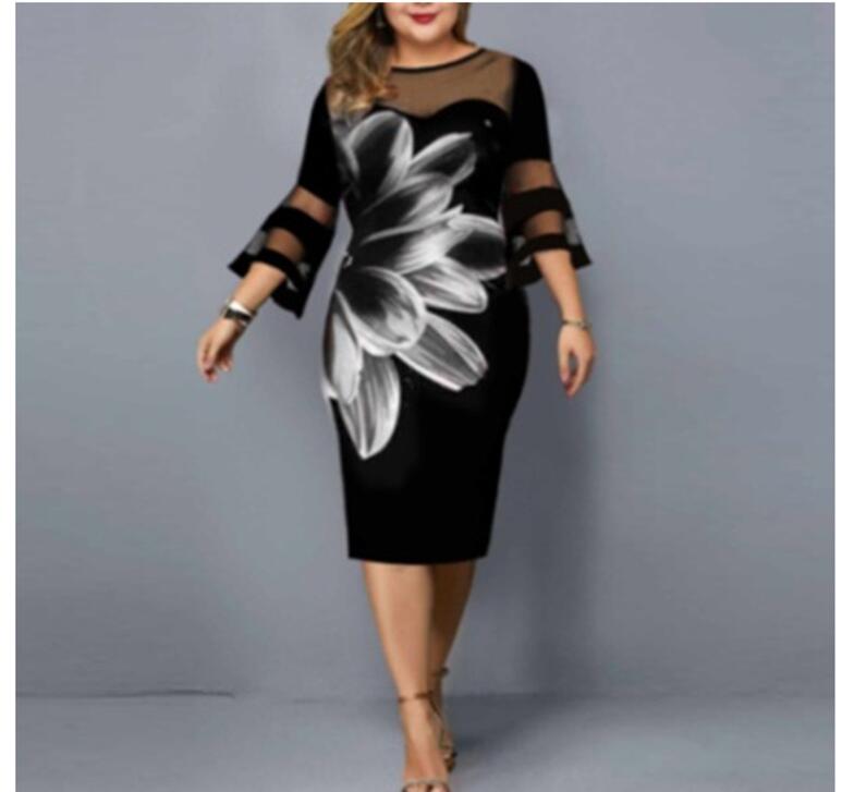 Plus Size 5XL Vintage Floral Mesh Patchwork Dress