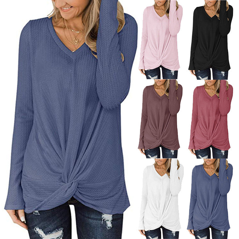 Waffle V-neck Long Sleeve Twisted Knit Top