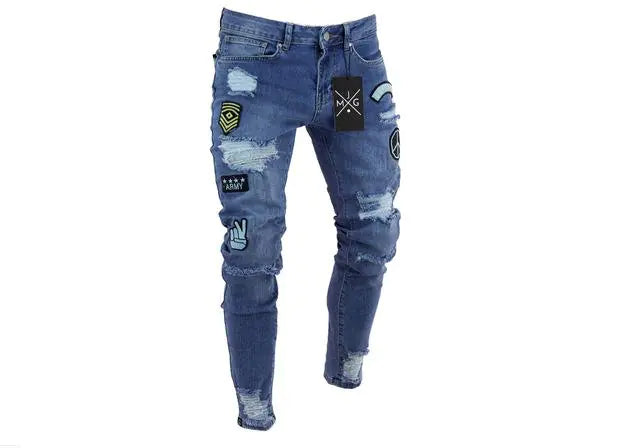 Men's Fashion Ripped Knee Zipper Slim Jeans