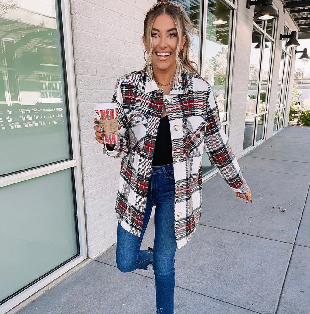 Plaid Long Sleeve Loose Coat for Women
