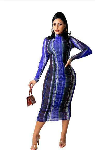 Printed Long-Sleeved Midi Dress for Women