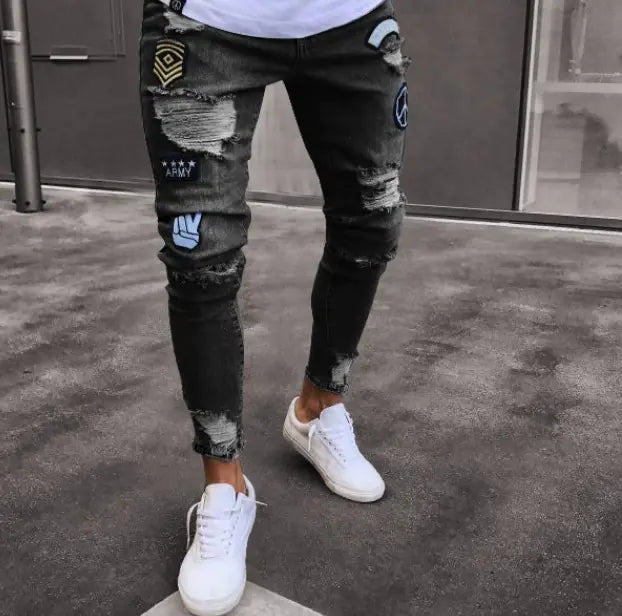 Men's Fashion Ripped Knee Zipper Slim Jeans