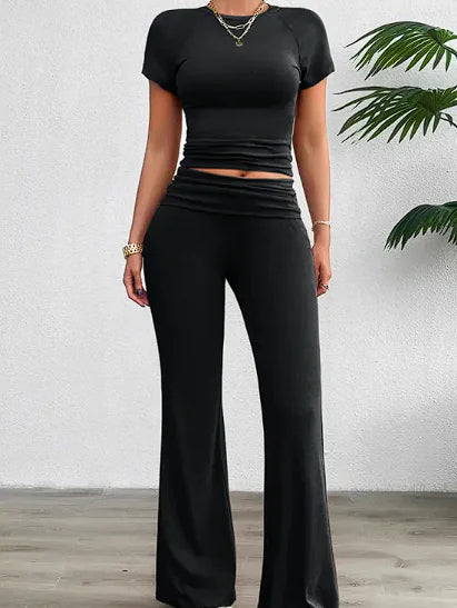Solid Color Slim Fit Short Sleeve Trousers Suit