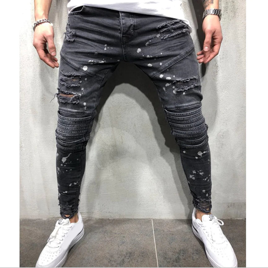 Men's Zippered Ripped Knee Slim Fit Motorcycle Jeans