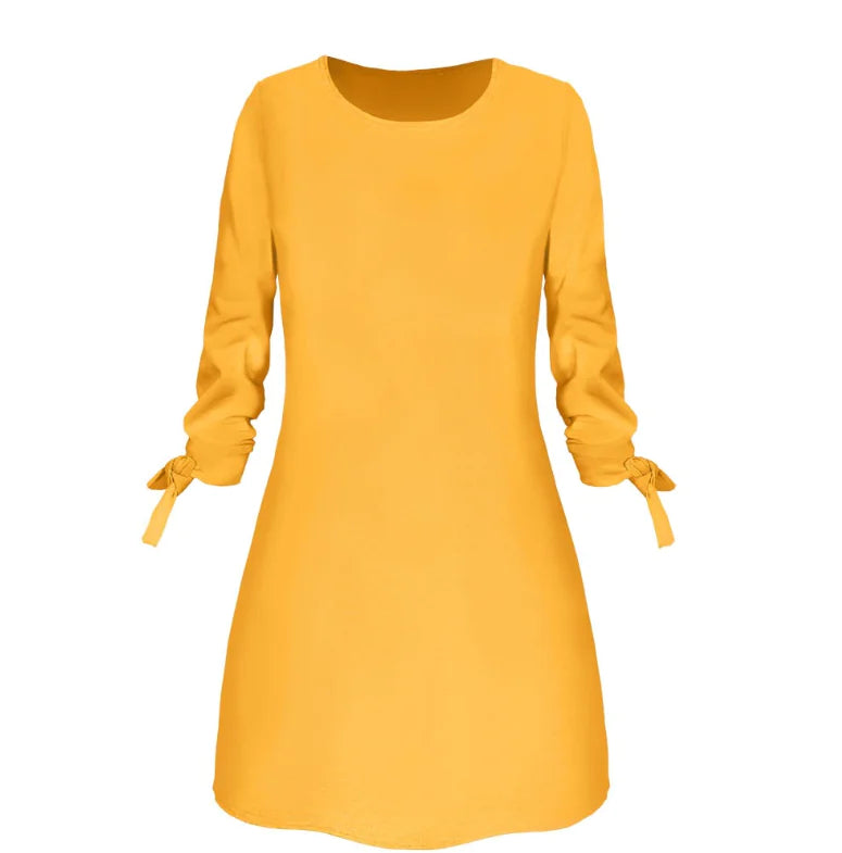 Solid Color Casual O-Neck Dress with Tie Detail
