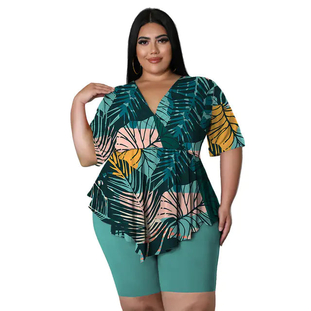 Large Women's Print Two-Piece T-Shirt and Shorts Set