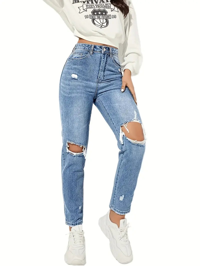 High Rise Ripped Knee Slim Fit Women's Denim Jeans
