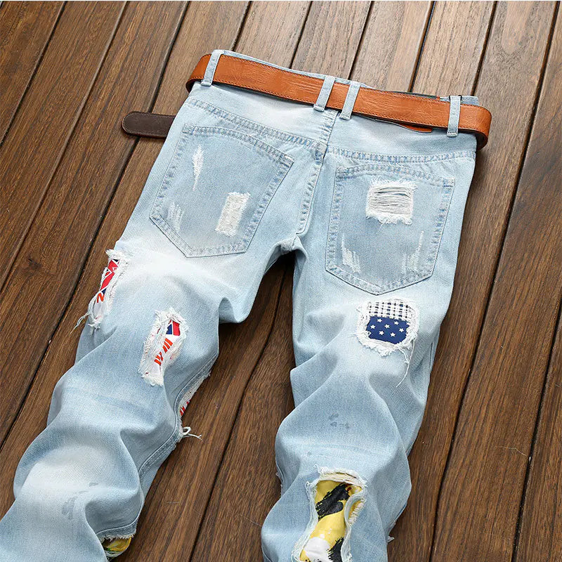 Men's Slim Fit Ripped Patchwork Denim Jeans