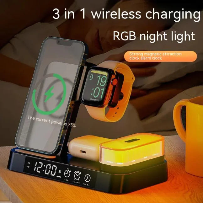 3-in-1 Magnetic Wireless Charger with Night Light - 30W Fast Charging for Apple, Samsung, Watch