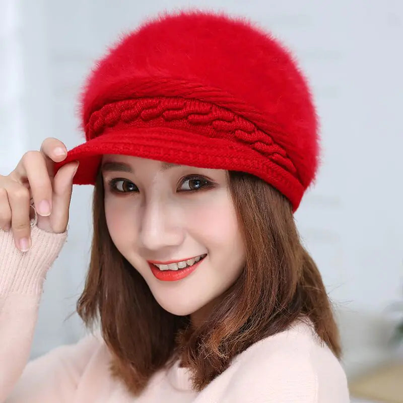 Winter Knitted Hooded Cap with Rabbit Fur for Women