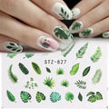 Nail Water Stickers - Green Leaf Rose Design