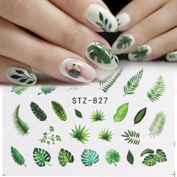 Nail Water Stickers - Green Leaf Rose Design