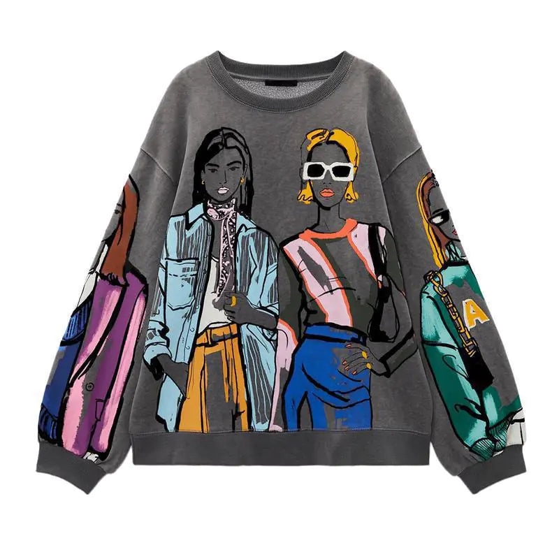 2023 Fashion Women's Loose Print Sweatshirt Crewneck