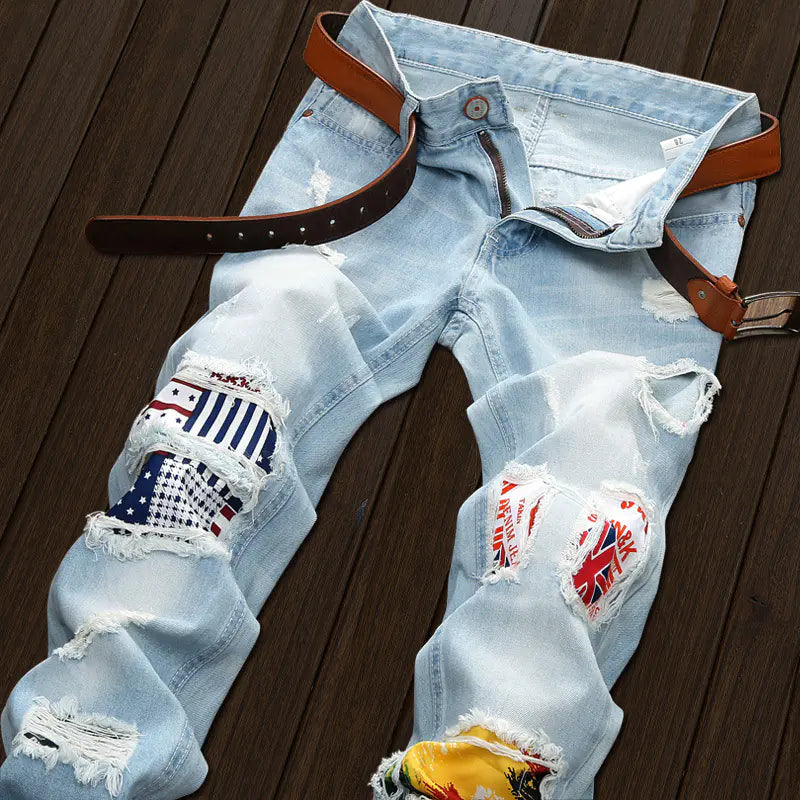 Men's Slim Fit Ripped Patchwork Denim Jeans